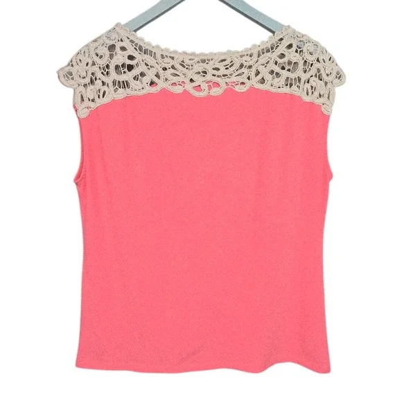 Evan Picone Pink Coral Top with Contrast Ivory Crochet Lace Yoke. Size XL NEW - Picture 4 of 8